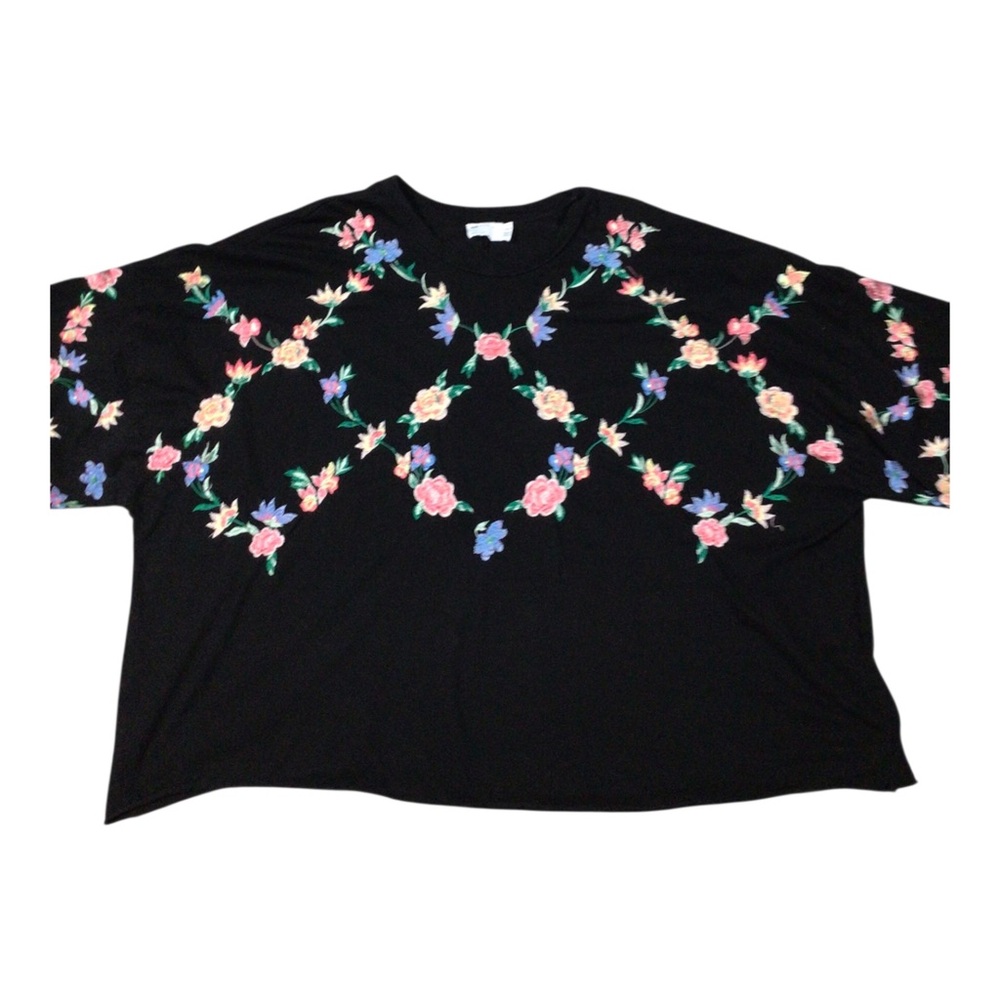 asos design Black Floral Embroidered Top T-shirt 16 Cropped Oversized